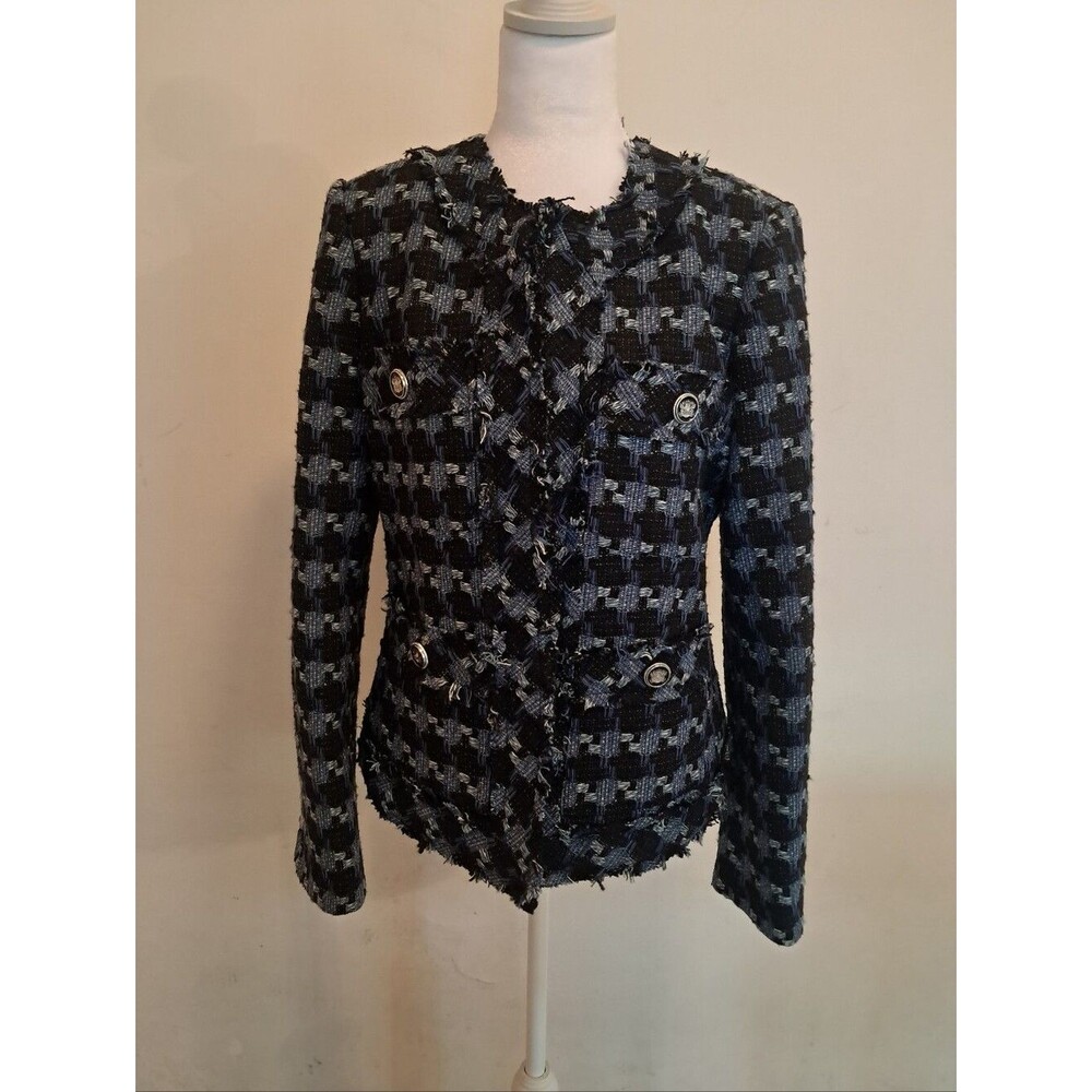 Elie Tahari Blazer Jacket Women's Medium M Blue Black Tweed Formal Office Career